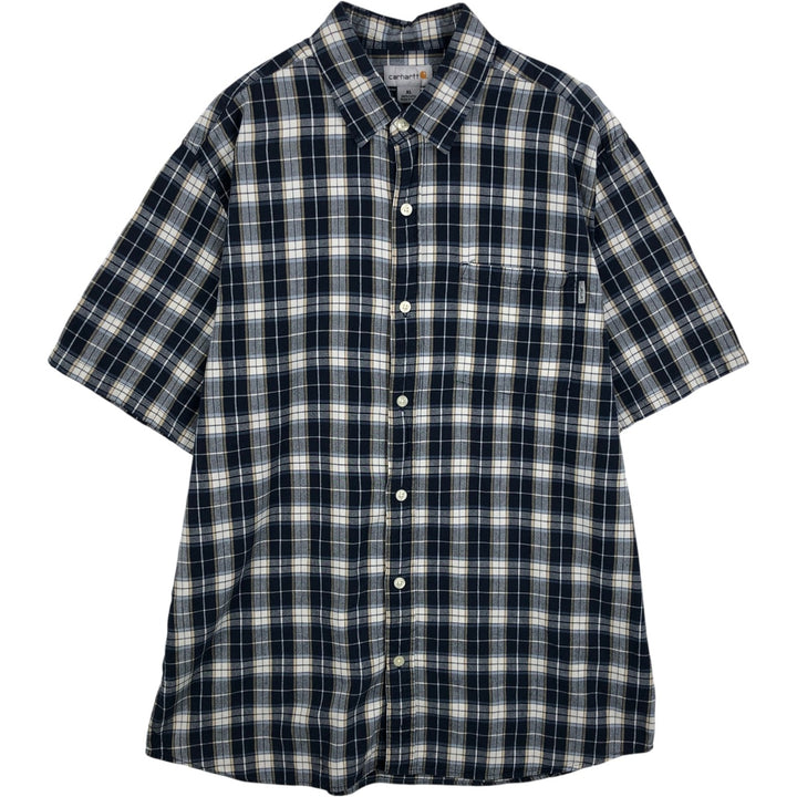 Carhartt Check Pattern Short Sleeve Work Shirt, Men's XL cotton navy blue type Vintage Second Hand