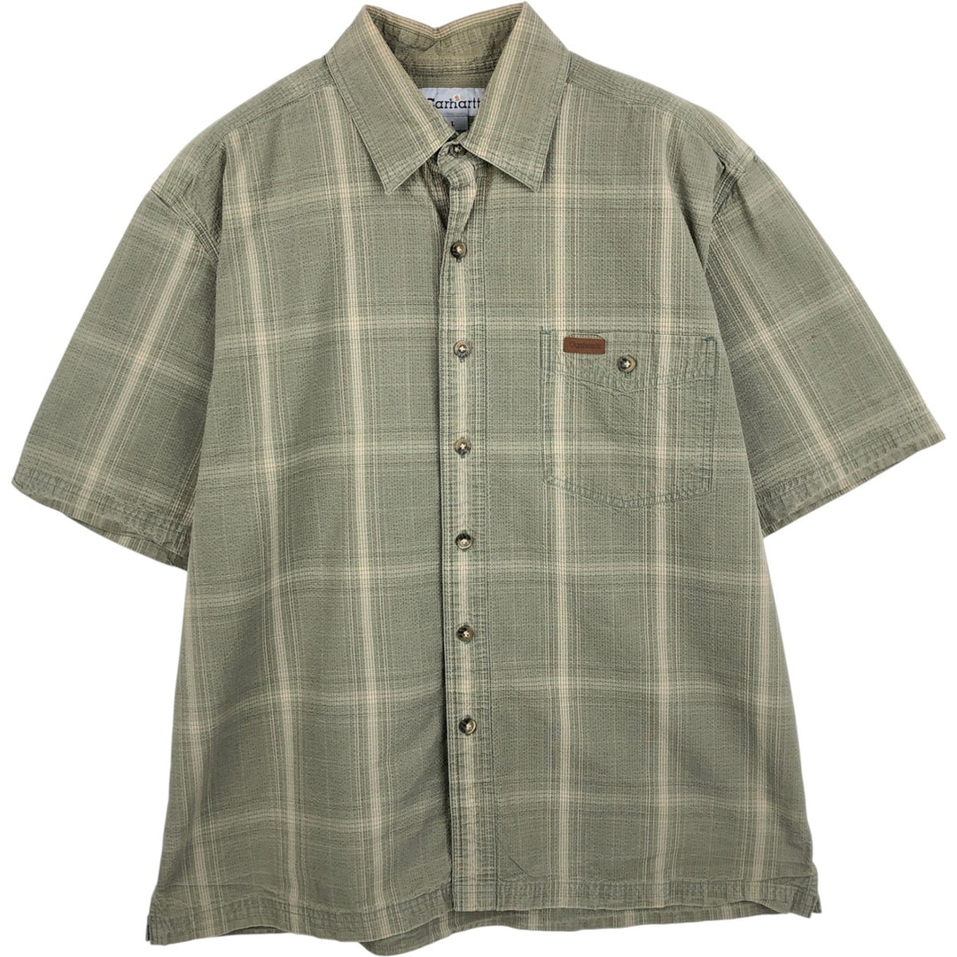 2000'S Carhartt Check Pattern Seersucker Short-Sleeve Work Shirt, Boxy Shirt, Men's Size L (approx.) cotton Khaki type Vintage Second Hand