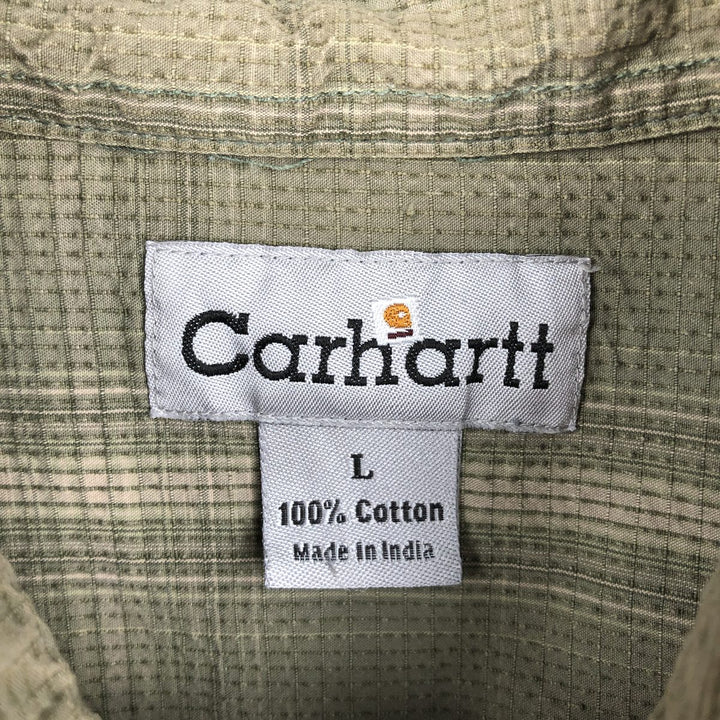 2000'S Carhartt Check Pattern Seersucker Short-Sleeve Work Shirt, Boxy Shirt, Men's Size L (approx.) cotton Khaki type Vintage Second Hand