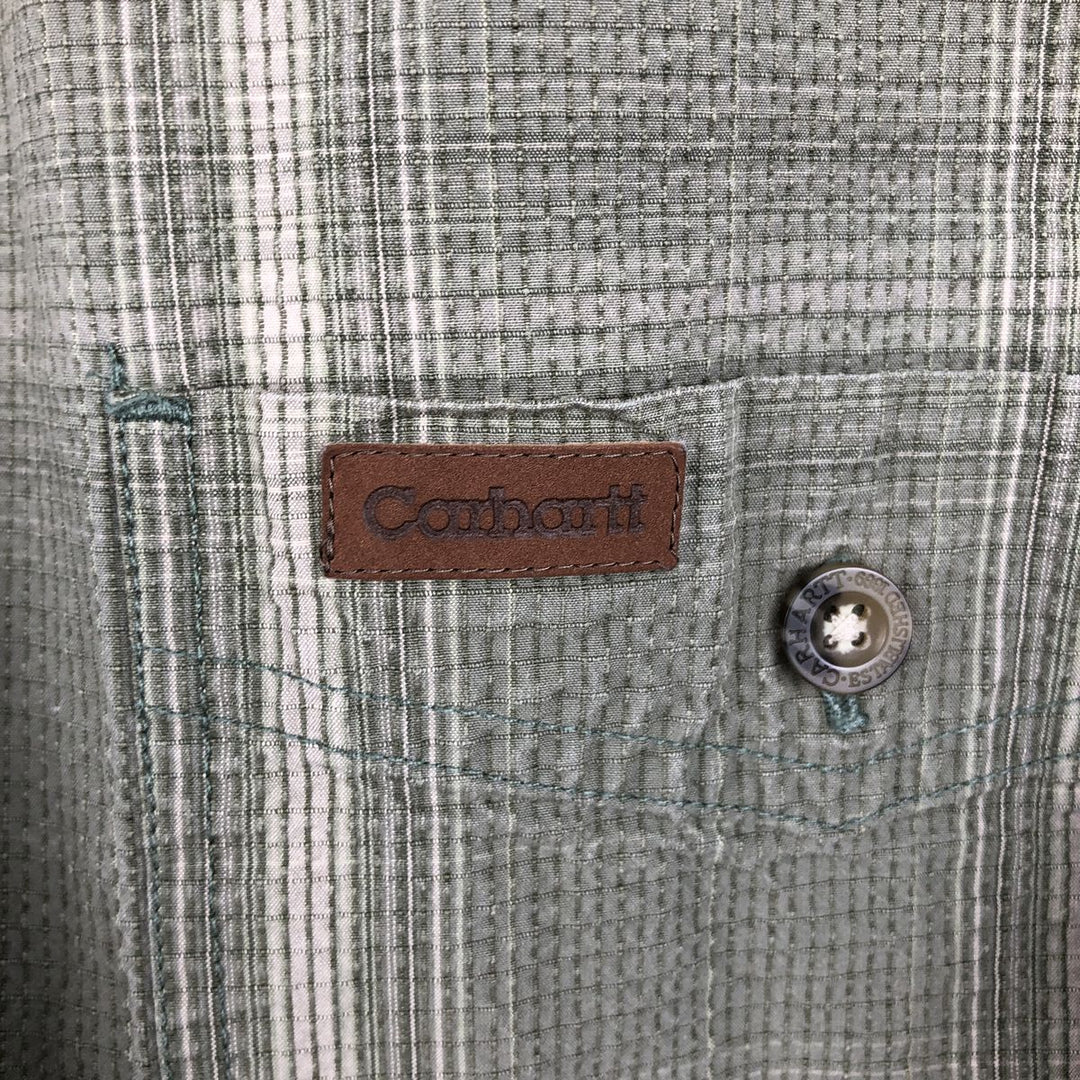 2000'S Carhartt Check Pattern Seersucker Short-Sleeve Work Shirt, Boxy Shirt, Men's Size L (approx.) cotton Khaki type Vintage Second Hand