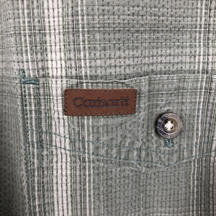 2000'S Carhartt Check Pattern Seersucker Short-Sleeve Work Shirt, Boxy Shirt, Men's Size L (approx.) cotton Khaki type Vintage Second Hand