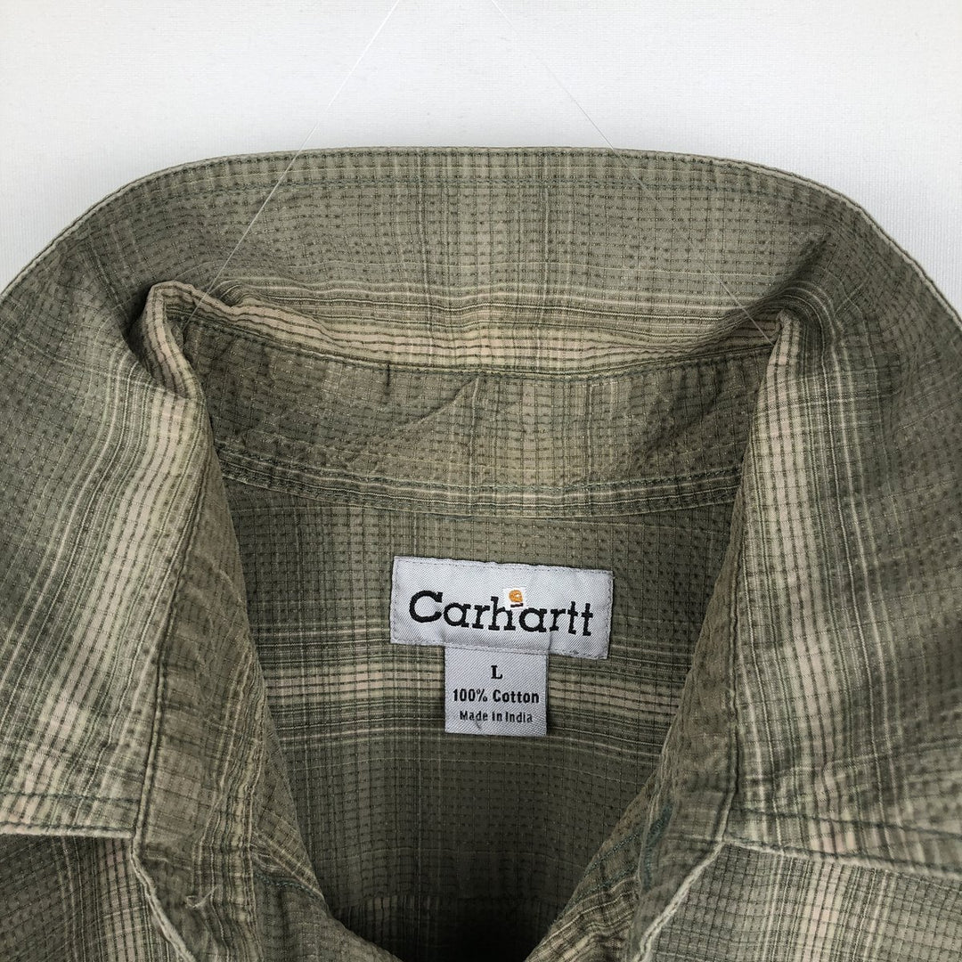 2000'S Carhartt Check Pattern Seersucker Short-Sleeve Work Shirt, Boxy Shirt, Men's Size L (approx.) cotton Khaki type Vintage Second Hand