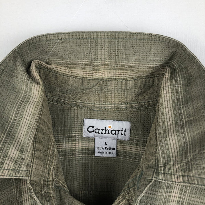 2000'S Carhartt Check Pattern Seersucker Short-Sleeve Work Shirt, Boxy Shirt, Men's Size L (approx.) cotton Khaki type Vintage Second Hand