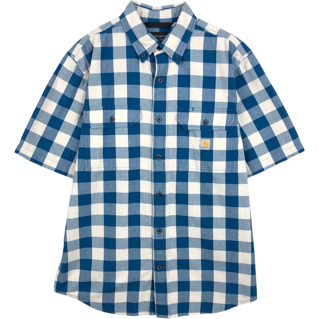 Carhartt Check Pattern Buffalo Check Button-Down Short-Sleeve Work Shirt, Men's Size M (approx.) cotton blue type Vintage Second Hand