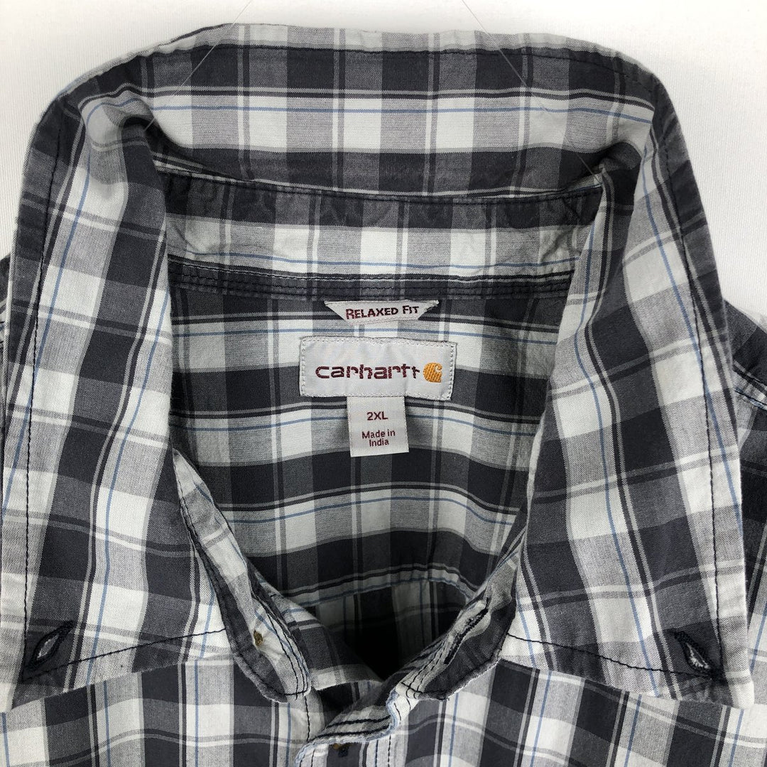 Carhartt Relaxed Fit Check Pattern Short-Sleeve Work Shirt, Men's XXL Equivalent, Button-Down cotton Charcoal Vintage Second Hand