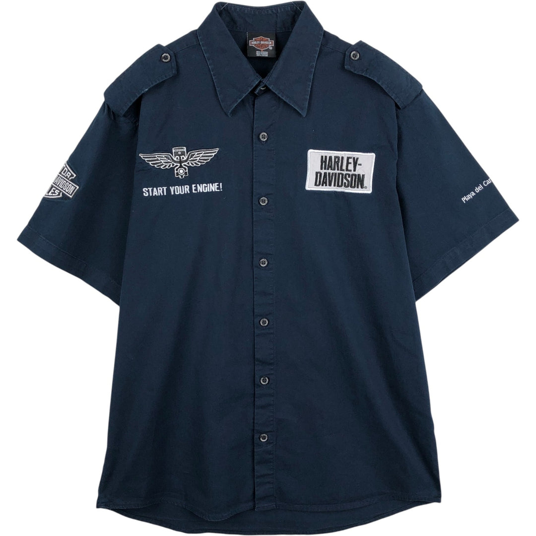 Harley-Davidson Short Sleeve Work Shirt, Men's Medium cotton navy blue type Vintage Second Hand