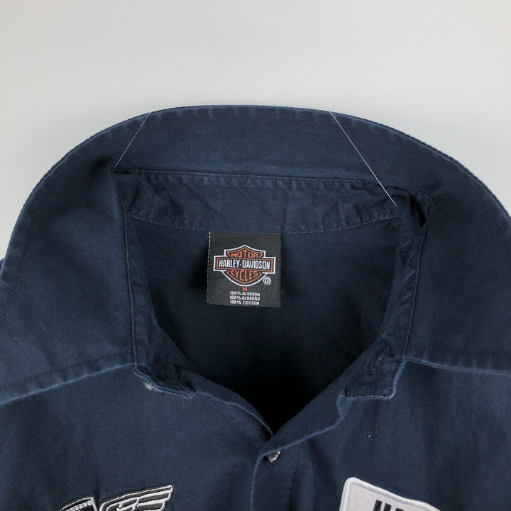 Harley-Davidson Short Sleeve Work Shirt, Men's Medium cotton navy blue type Vintage Second Hand