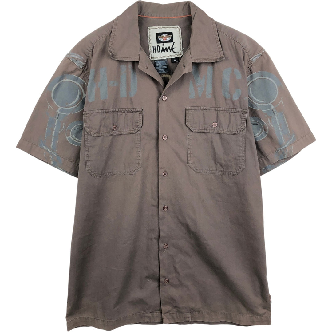 Harley-Davidson H-Dink Skull Pattern Box Shirt, Hidden Button-Down, Short Sleeve Work Shirt, Men's Size M (approx.) cotton gray type Vintage Second Hand