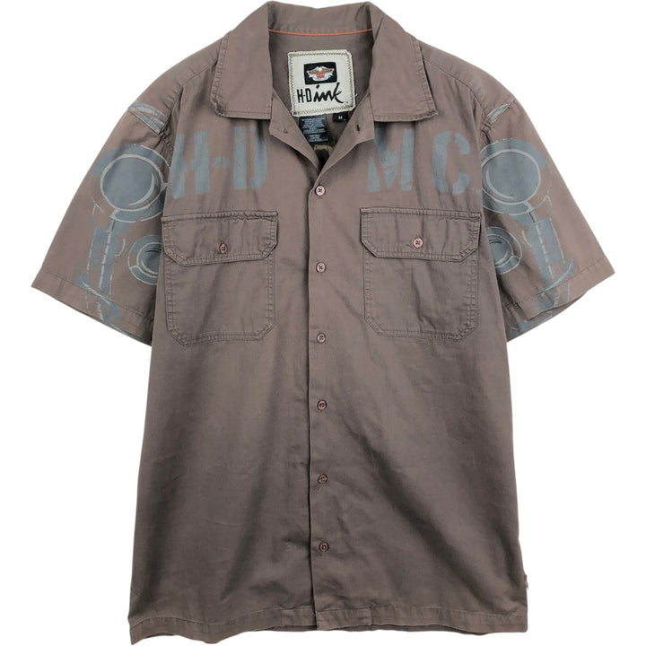 Harley-Davidson H-Dink Skull Pattern Box Shirt, Hidden Button-Down, Short Sleeve Work Shirt, Men's Size M (approx.) cotton gray type Vintage Second Hand