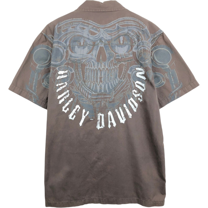 Harley-Davidson H-Dink Skull Pattern Box Shirt, Hidden Button-Down, Short Sleeve Work Shirt, Men's Size M (approx.) cotton gray type Vintage Second Hand