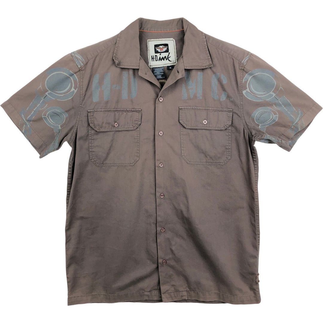 Harley-Davidson H-Dink Skull Pattern Box Shirt, Hidden Button-Down, Short Sleeve Work Shirt, Men's Size M (approx.) cotton gray type Vintage Second Hand