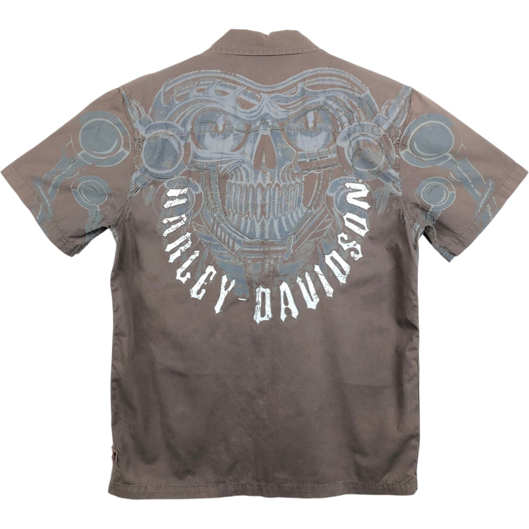 Harley-Davidson H-Dink Skull Pattern Box Shirt, Hidden Button-Down, Short Sleeve Work Shirt, Men's Size M (approx.) cotton gray type Vintage Second Hand