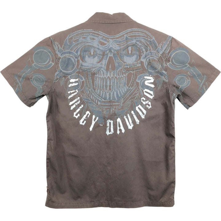 Harley-Davidson H-Dink Skull Pattern Box Shirt, Hidden Button-Down, Short Sleeve Work Shirt, Men's Size M (approx.) cotton gray type Vintage Second Hand