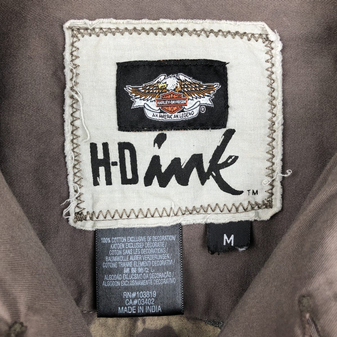 Harley-Davidson H-Dink Skull Pattern Box Shirt, Hidden Button-Down, Short Sleeve Work Shirt, Men's Size M (approx.) cotton gray type Vintage Second Hand