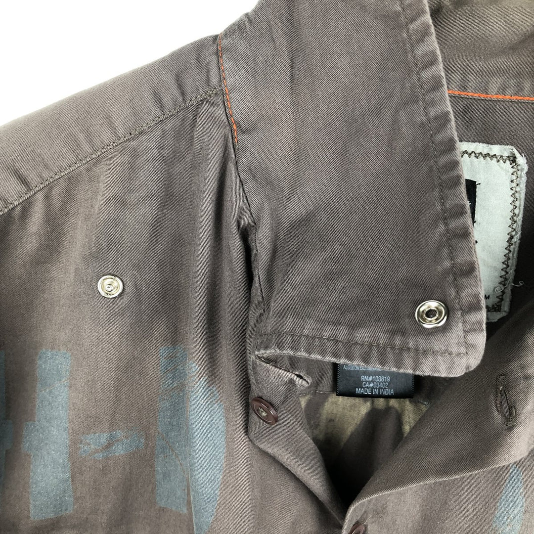 Harley-Davidson H-Dink Skull Pattern Box Shirt, Hidden Button-Down, Short Sleeve Work Shirt, Men's Size M (approx.) cotton gray type Vintage Second Hand