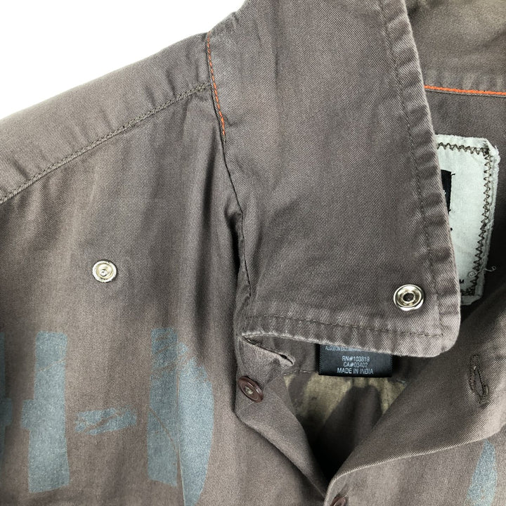 Harley-Davidson H-Dink Skull Pattern Box Shirt, Hidden Button-Down, Short Sleeve Work Shirt, Men's Size M (approx.) cotton gray type Vintage Second Hand