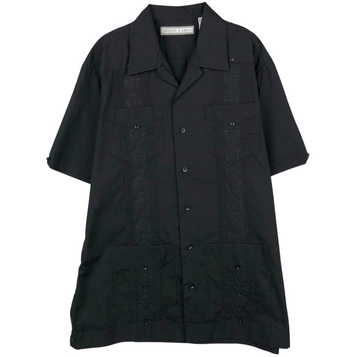 MONTE CARLO Copacabana SATEN SEDA Short-Sleeve Open Collar Mexican Shirt Cuban Shirt Box Shirt Men's Size M (approx.) polyester black type Vintage Second Hand