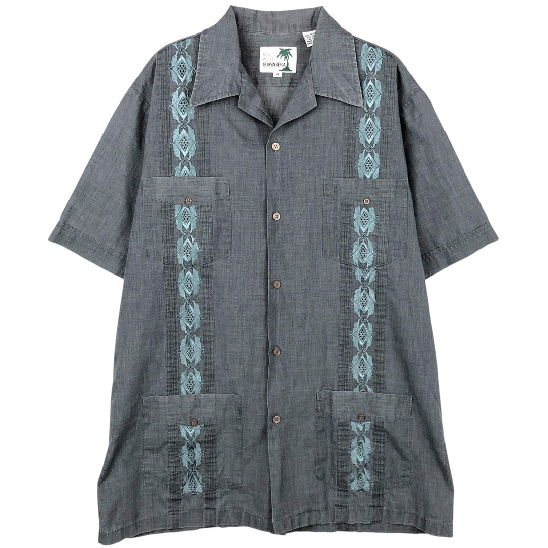 GUAYABERAS YUCATECAS Short-Sleeve Open-Collar Mexican Shirt, Cuban Shirt, Boxy Shirt, Men's Size M (approx.) polyester Charcoal Vintage Second Hand