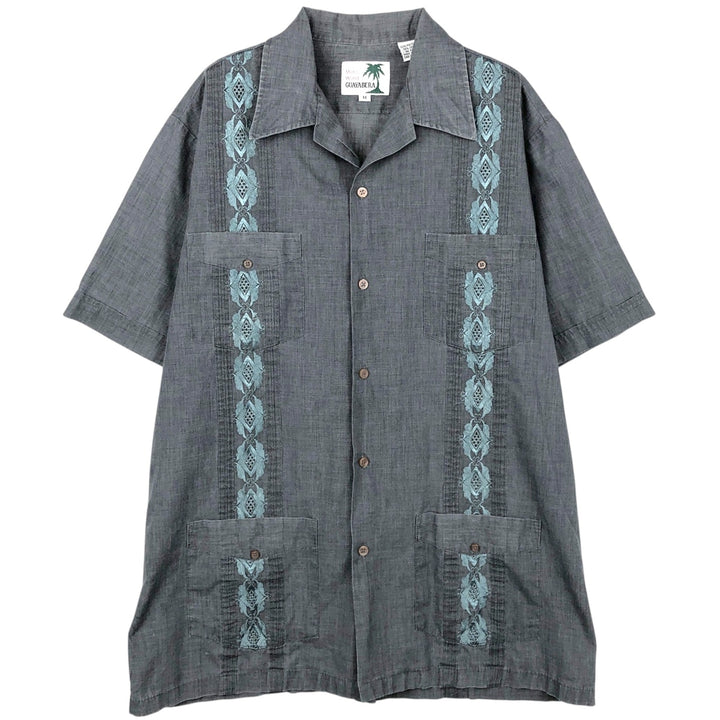 GUAYABERAS YUCATECAS Short-Sleeve Open-Collar Mexican Shirt, Cuban Shirt, Boxy Shirt, Men's Size M (approx.) polyester Charcoal Vintage Second Hand