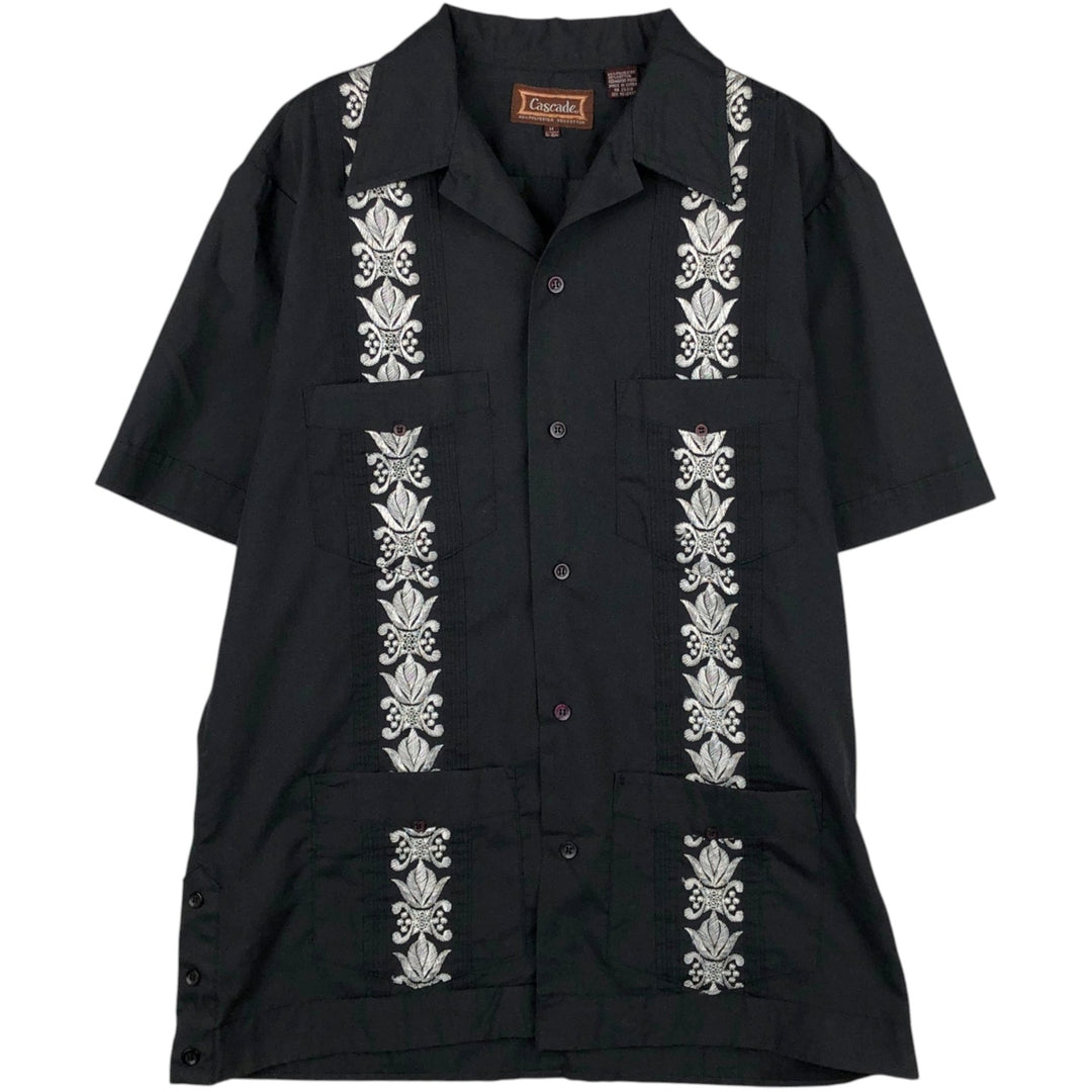 Cascabe Short-Sleeve Open-Collar Mexican Shirt, Cuban Shirt, Boxy Shirt, Men's Size M (approx.) polyester black type Vintage Second Hand