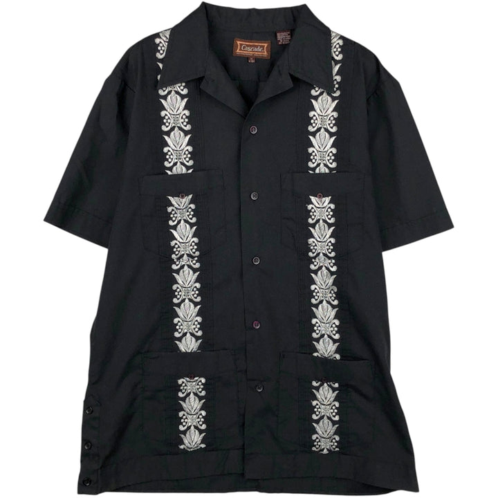 Cascabe Short-Sleeve Open-Collar Mexican Shirt, Cuban Shirt, Boxy Shirt, Men's Size M (approx.) polyester black type Vintage Second Hand