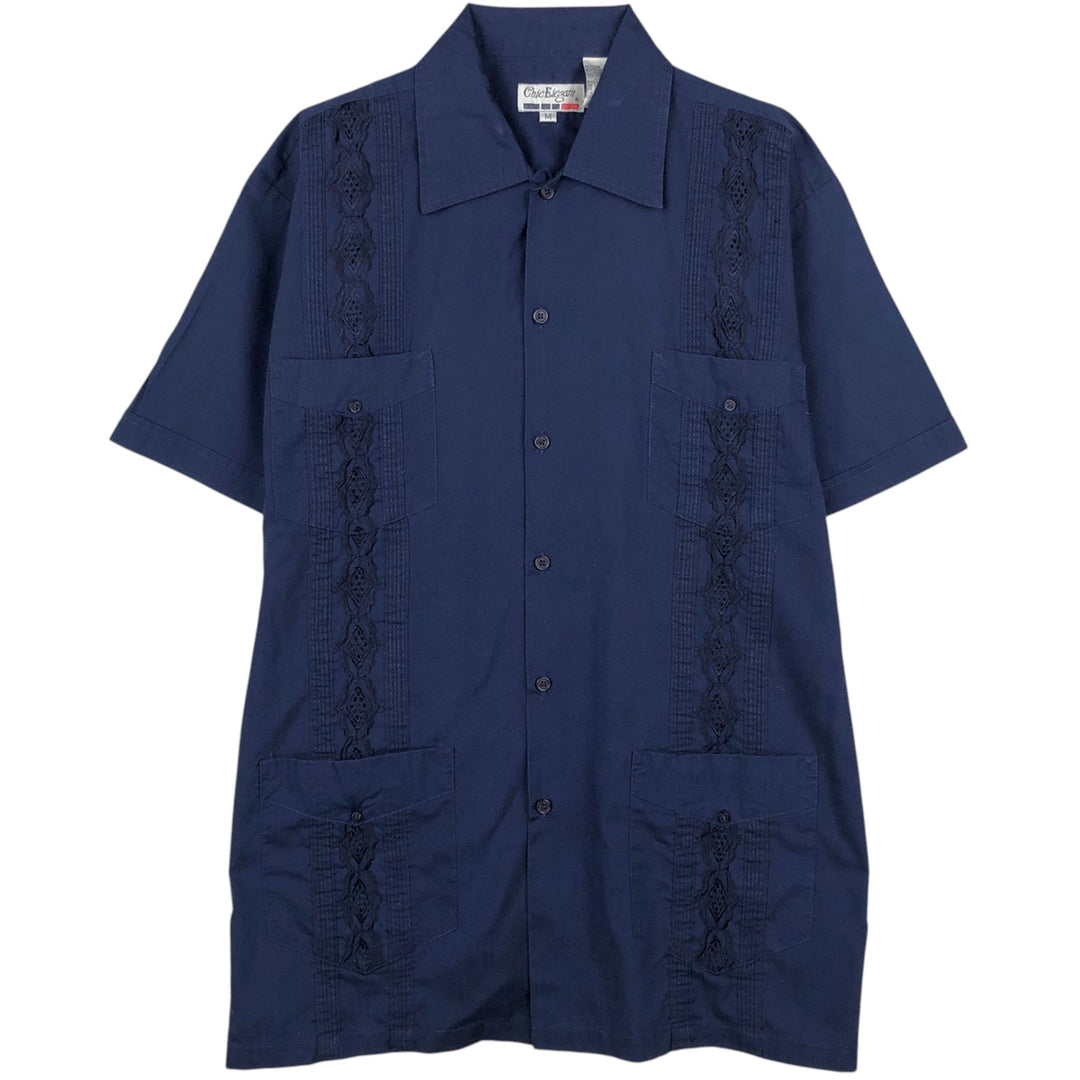 90'S Chic Elegant Short-Sleeve Mexican Shirt / Cuban Shirt / Boxy Shirt / Men's Size M (Equivalent) Vintage polyester navy blue type Vintage Second Hand