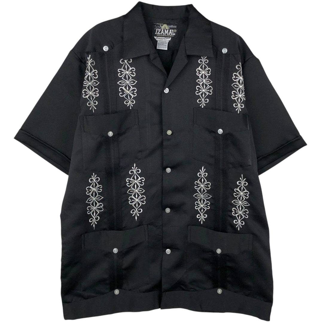 IZAMAL Copacabana SATEN SEDA Short-Sleeve Open Collar Mexican Shirt Cuban Shirt Box Shirt Men's Size M polyester black type Vintage Second Hand