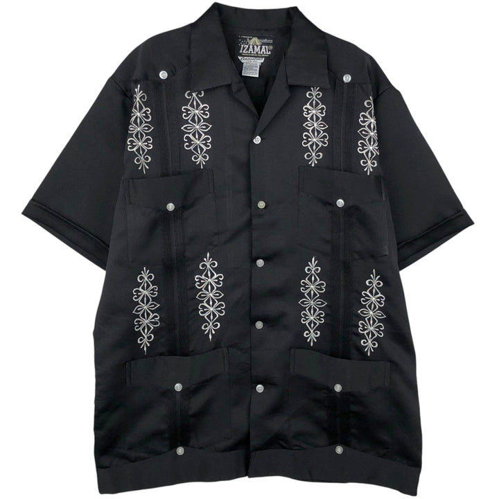 IZAMAL Copacabana SATEN SEDA Short-Sleeve Open Collar Mexican Shirt Cuban Shirt Box Shirt Men's Size M polyester black type Vintage Second Hand