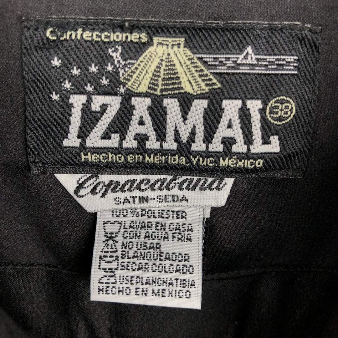 IZAMAL Copacabana SATEN SEDA Short-Sleeve Open Collar Mexican Shirt Cuban Shirt Box Shirt Men's Size M polyester black type Vintage Second Hand