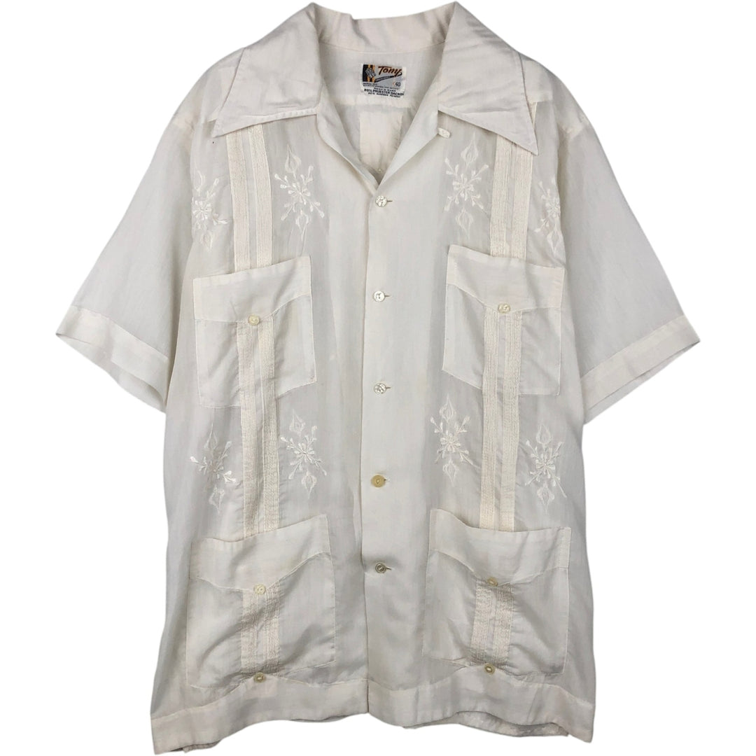 1970'S Tony Creaciones Short-Sleeve Open-Collar Mexican Shirt / Cuban Shirt / Boxy Shirt / Men's Size M (Equivalent) Vintage polyester white type Vintage Second Hand