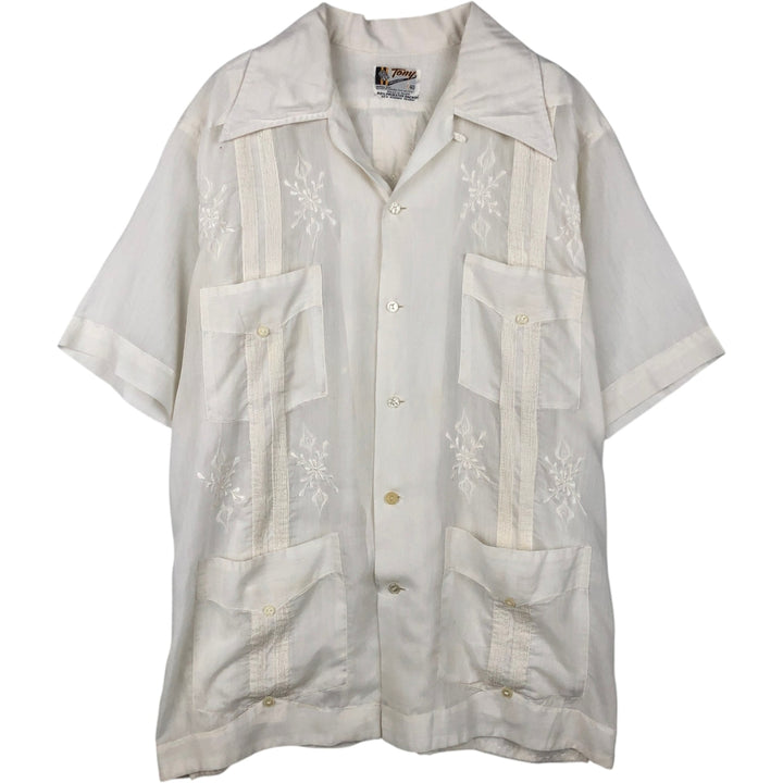 1970'S Tony Creaciones Short-Sleeve Open-Collar Mexican Shirt / Cuban Shirt / Boxy Shirt / Men's Size M (Equivalent) Vintage polyester white type Vintage Second Hand