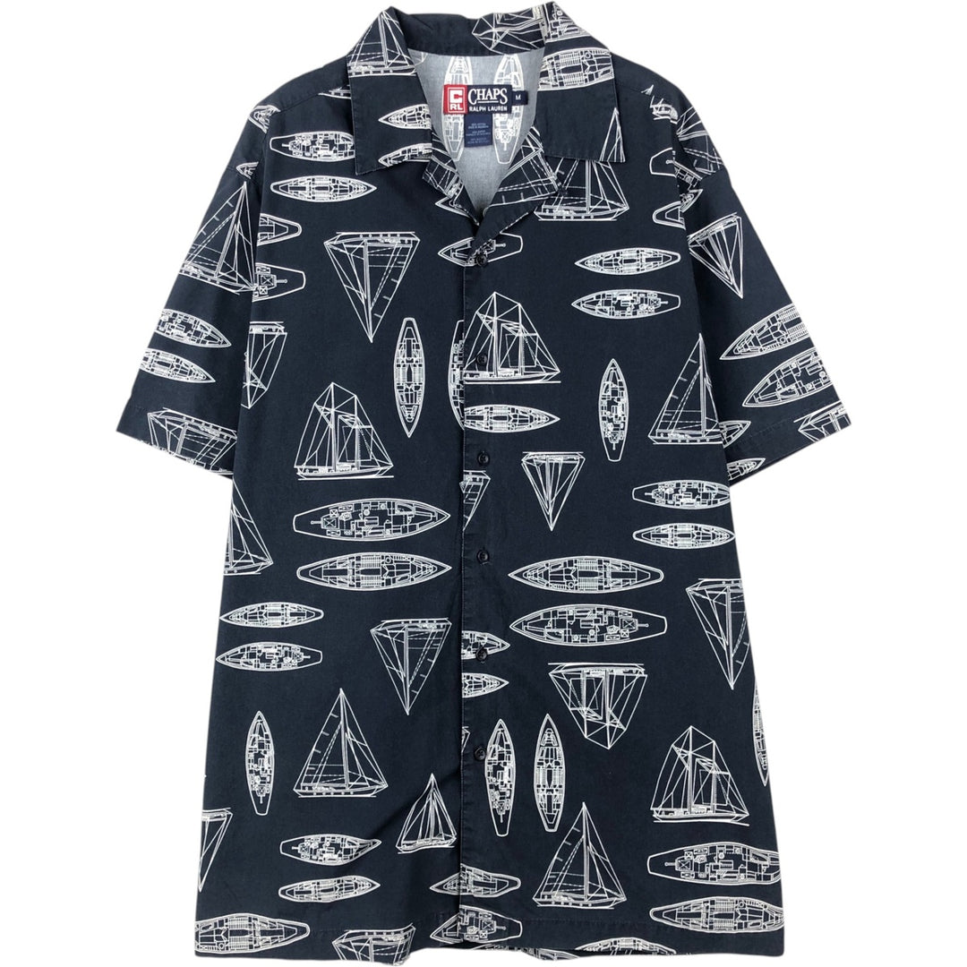 Ralph Lauren CHAPS all-over print short-sleeved open-collar cotton shirt, boxy fit, men's size M (approx.) cotton navy blue type Vintage Second Hand