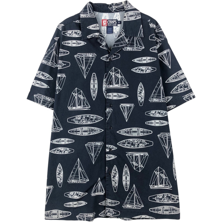 Ralph Lauren CHAPS all-over print short-sleeved open-collar cotton shirt, boxy fit, men's size M (approx.) cotton navy blue type Vintage Second Hand