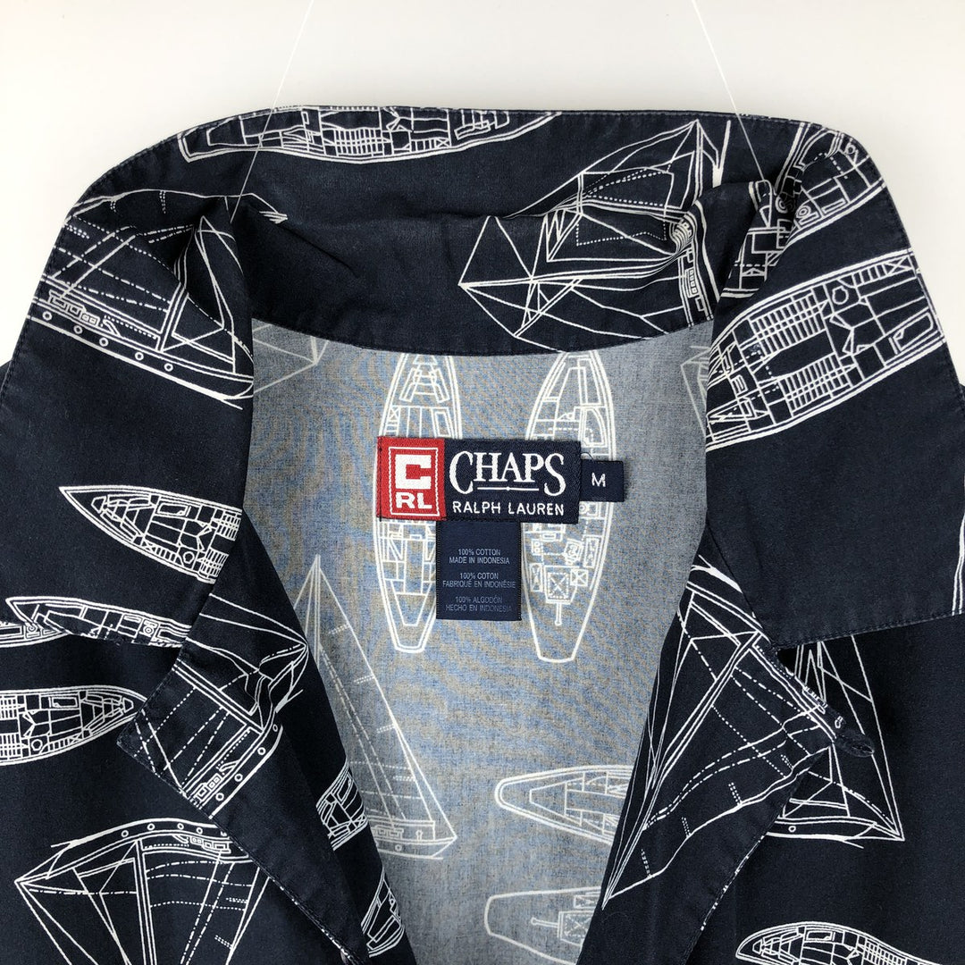 Ralph Lauren CHAPS all-over print short-sleeved open-collar cotton shirt, boxy fit, men's size M (approx.) cotton navy blue type Vintage Second Hand