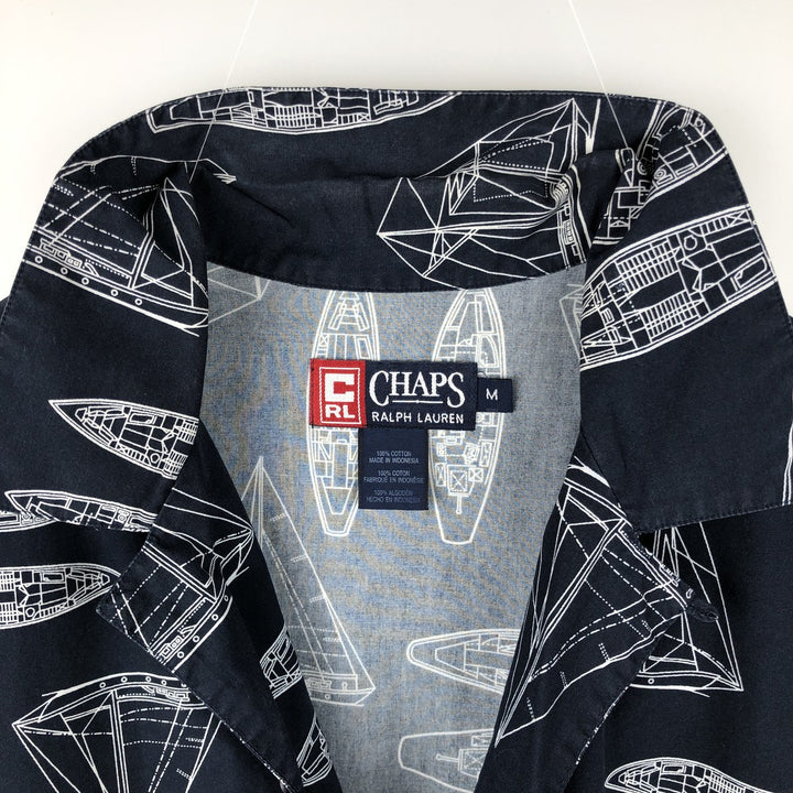 Ralph Lauren CHAPS all-over print short-sleeved open-collar cotton shirt, boxy fit, men's size M (approx.) cotton navy blue type Vintage Second Hand