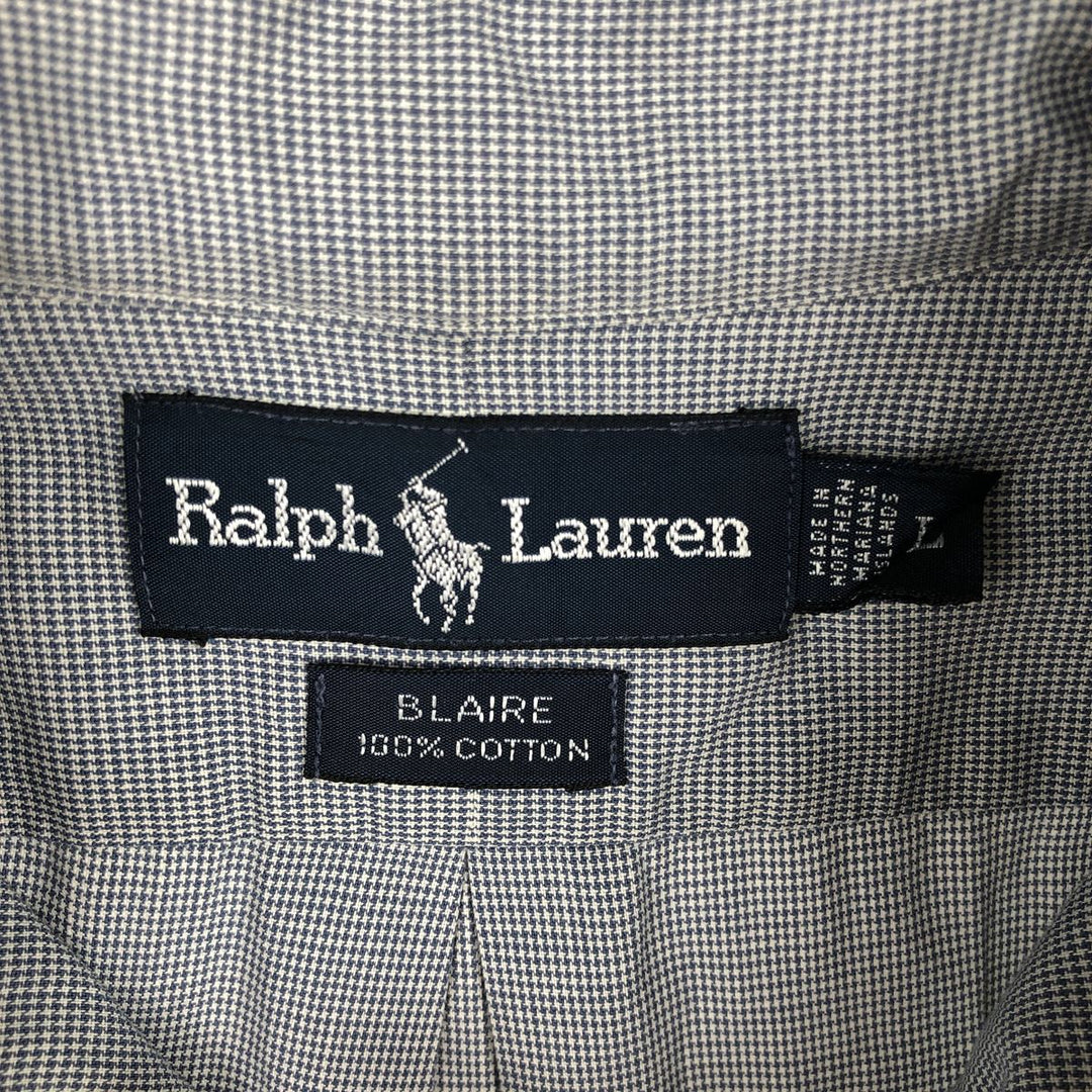 Ralph Lauren BLAIRE Houndstooth Pattern Short-Sleeve Button-Down Check Shirt, Men's Size L (approx.) cotton Charcoal Vintage Second Hand
