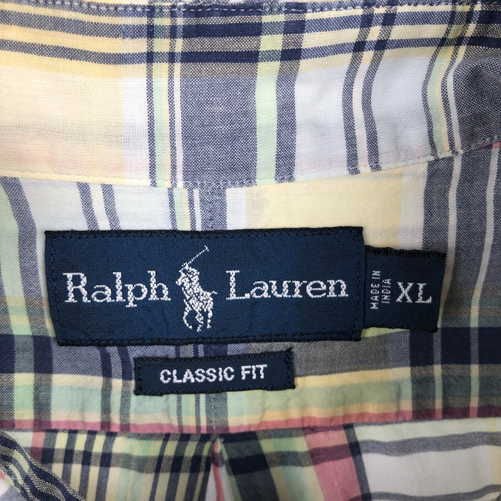 Ralph Lauren Classic Fit Madras Check Short-Sleeve Button-Down Check Shirt, Men's Size XL (approx.) cotton lemon yellow Vintage Second Hand