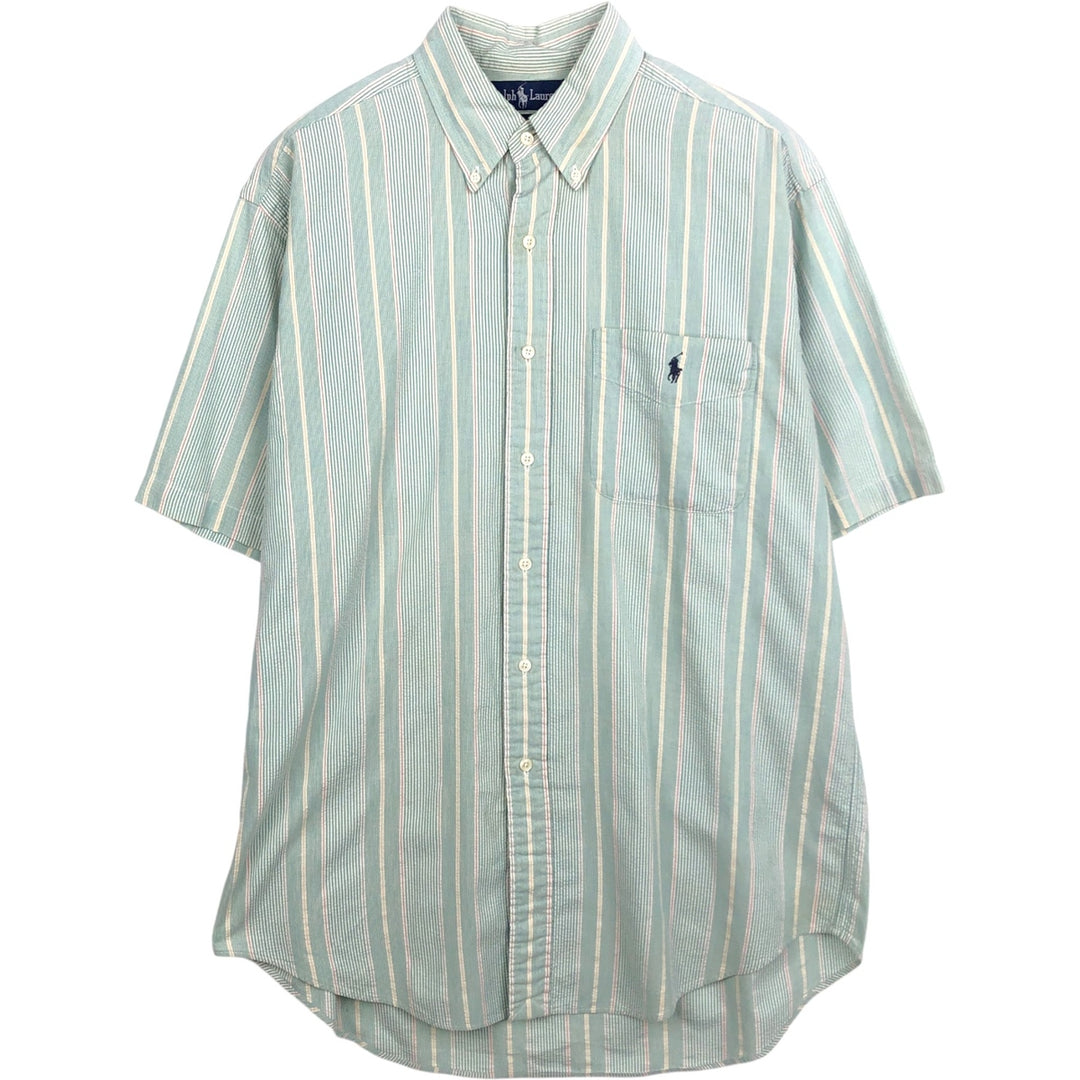 Ralph Lauren BLAIRE Seersucker Multi-Stripe Short-Sleeve Button-Down Striped Shirt, Men's Size M (approx.) cotton Emerald green Vintage Second Hand