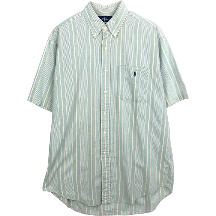 Ralph Lauren BLAIRE Seersucker Multi-Stripe Short-Sleeve Button-Down Striped Shirt, Men's Size M (approx.) cotton Emerald green Vintage Second Hand