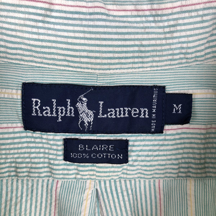 Ralph Lauren BLAIRE Seersucker Multi-Stripe Short-Sleeve Button-Down Striped Shirt, Men's Size M (approx.) cotton Emerald green Vintage Second Hand