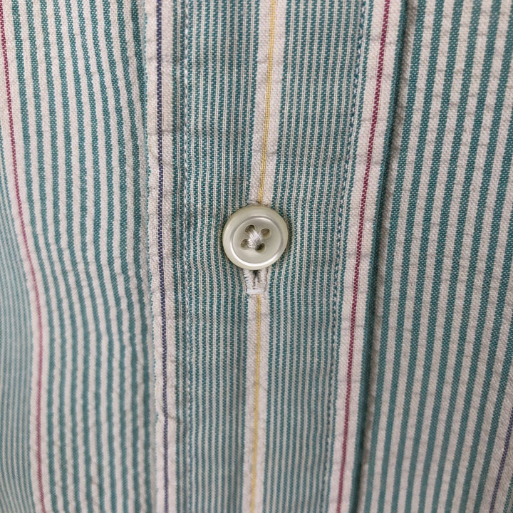 Ralph Lauren BLAIRE Seersucker Multi-Stripe Short-Sleeve Button-Down Striped Shirt, Men's Size M (approx.) cotton Emerald green Vintage Second Hand