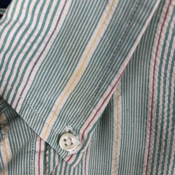 Ralph Lauren BLAIRE Seersucker Multi-Stripe Short-Sleeve Button-Down Striped Shirt, Men's Size M (approx.) cotton Emerald green Vintage Second Hand