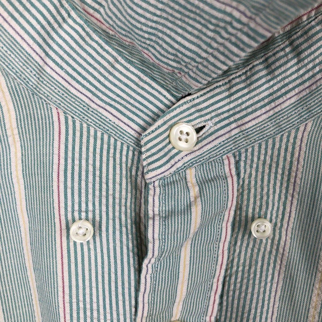 Ralph Lauren BLAIRE Seersucker Multi-Stripe Short-Sleeve Button-Down Striped Shirt, Men's Size M (approx.) cotton Emerald green Vintage Second Hand