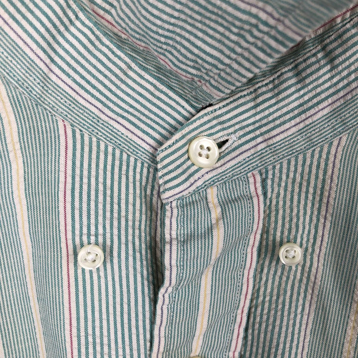 Ralph Lauren BLAIRE Seersucker Multi-Stripe Short-Sleeve Button-Down Striped Shirt, Men's Size M (approx.) cotton Emerald green Vintage Second Hand