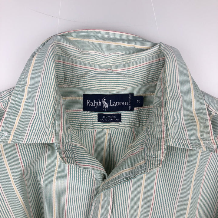 Ralph Lauren BLAIRE Seersucker Multi-Stripe Short-Sleeve Button-Down Striped Shirt, Men's Size M (approx.) cotton Emerald green Vintage Second Hand