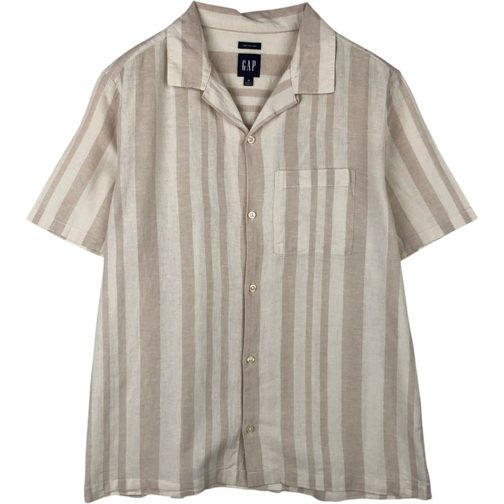 2000'S GAP MADE WITH LINEN Multi-stripe Short-Sleeve Open-Collar Linen Shirt, Boxy Fit, Men's Size M (approx.) linen Beige type Vintage Second Hand