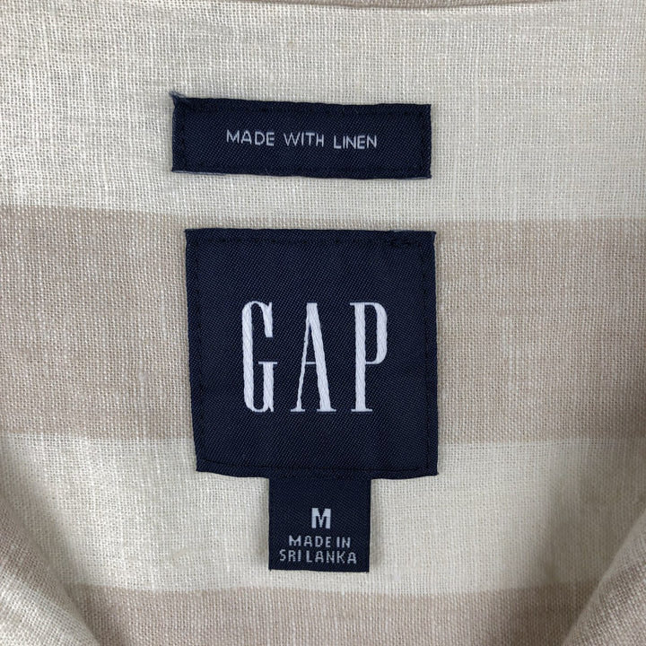 2000'S GAP MADE WITH LINEN Multi-stripe Short-Sleeve Open-Collar Linen Shirt, Boxy Fit, Men's Size M (approx.) linen Beige type Vintage Second Hand