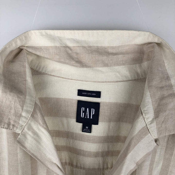 2000'S GAP MADE WITH LINEN Multi-stripe Short-Sleeve Open-Collar Linen Shirt, Boxy Fit, Men's Size M (approx.) linen Beige type Vintage Second Hand