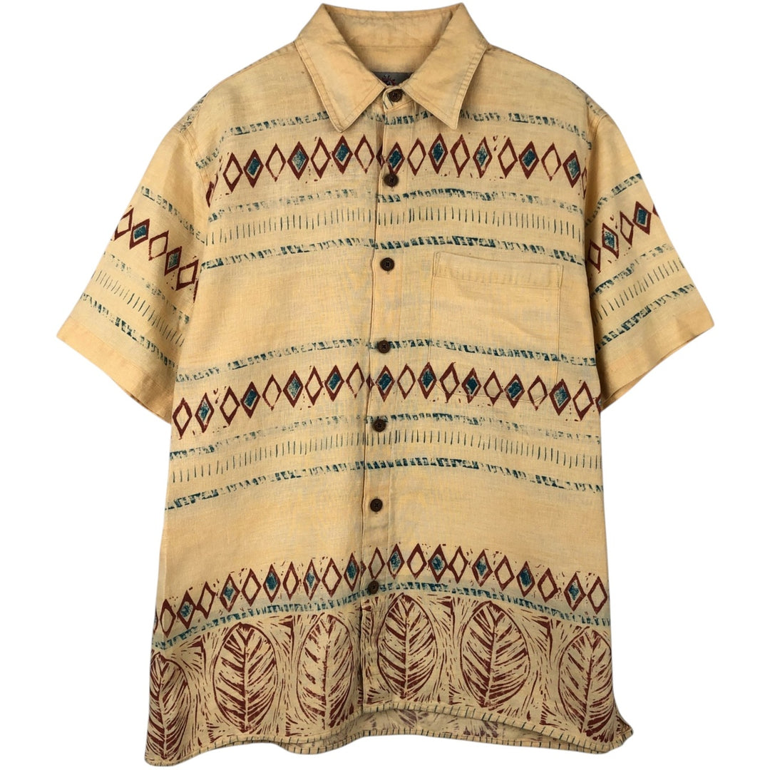 THE TERRITORY AHEAD All-over Border Pattern Native Border Short-Sleeve Linen Shirt Box Shirt Men's Size M linen yellow type Vintage Second Hand