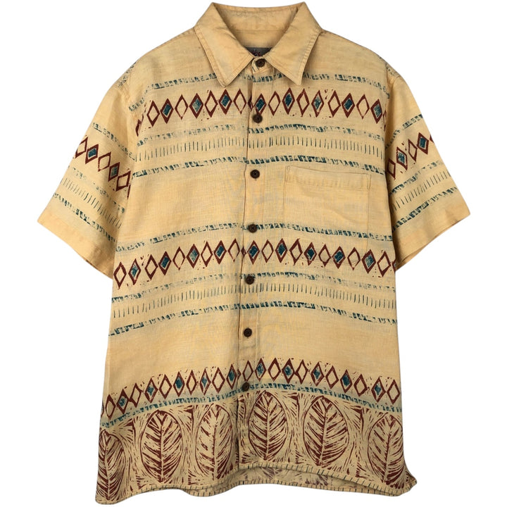 THE TERRITORY AHEAD All-over Border Pattern Native Border Short-Sleeve Linen Shirt Box Shirt Men's Size M linen yellow type Vintage Second Hand